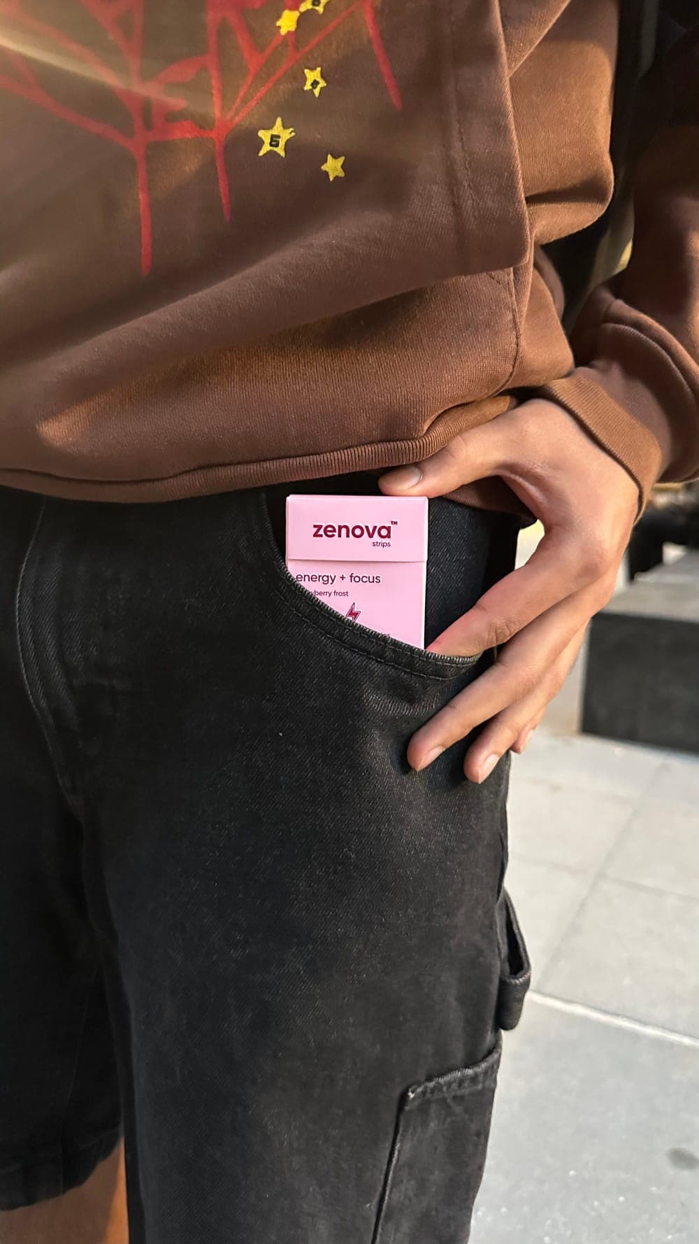 Zenova box in a jeans pocket